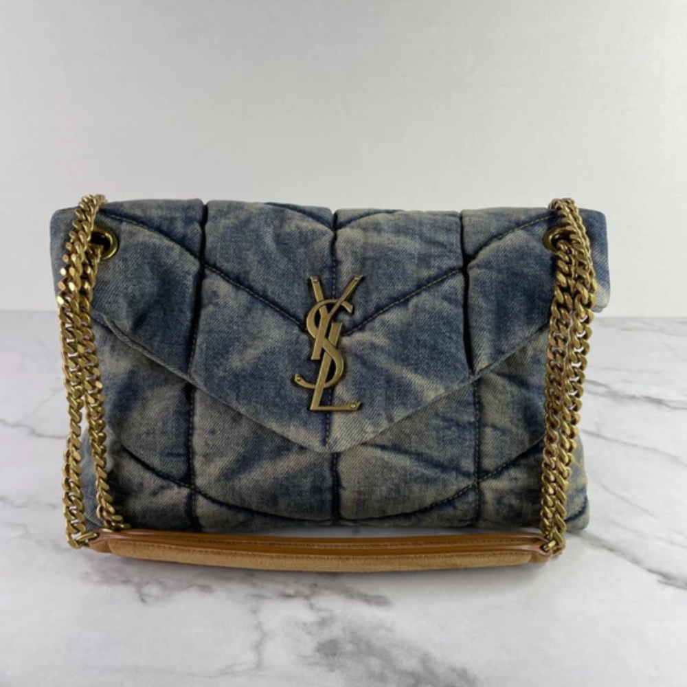 SAINT LAURENT SMALL QUILTED VINTAGE DENIM AND SUEDE PUFFER CHAIN